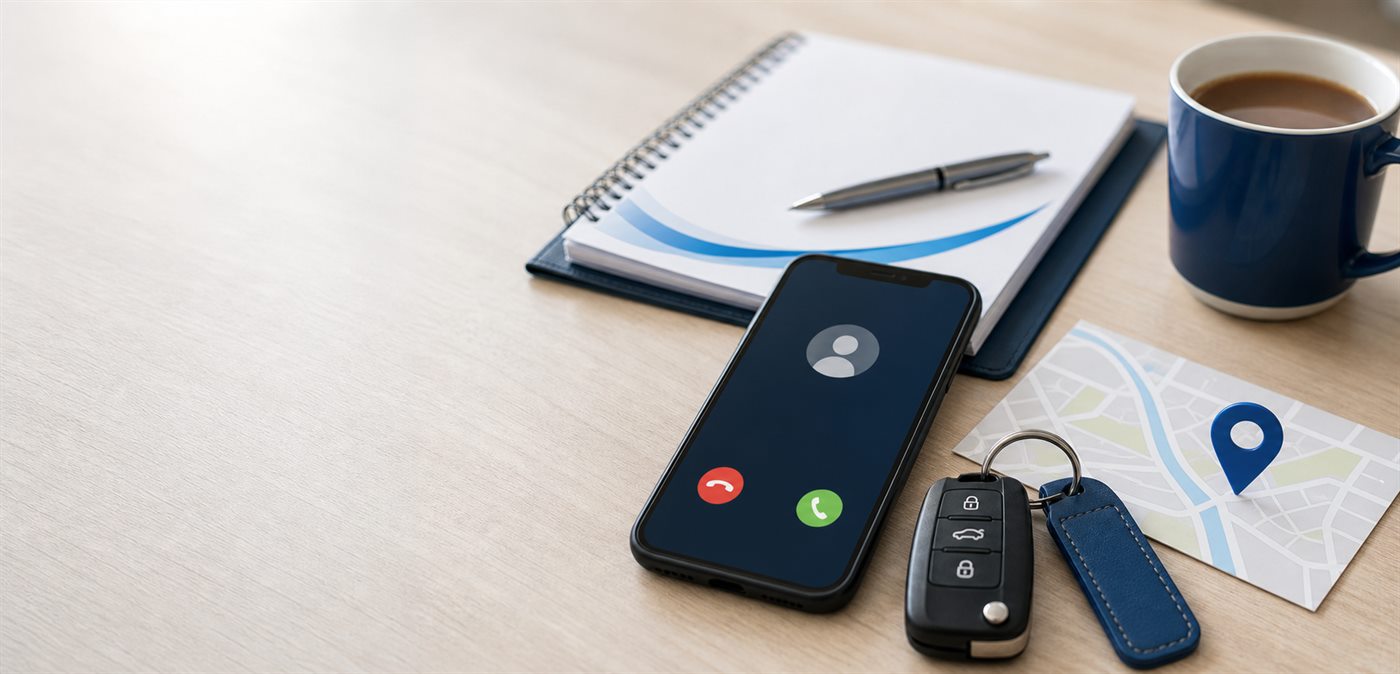 Car keys, route details and a phone ready for a delivery conversation