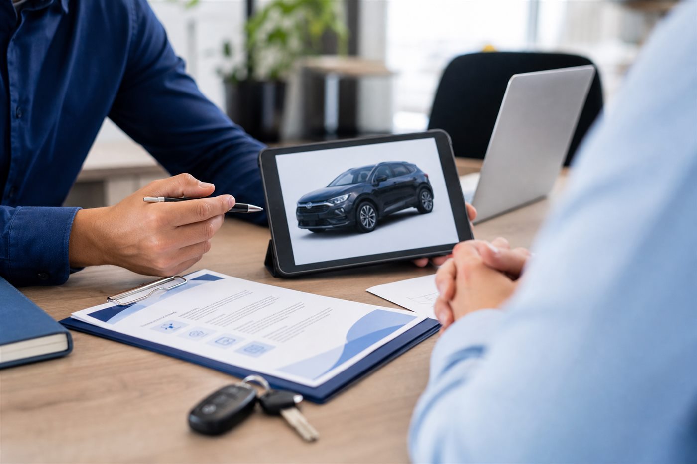 A customer discussing a used car with the showroom team