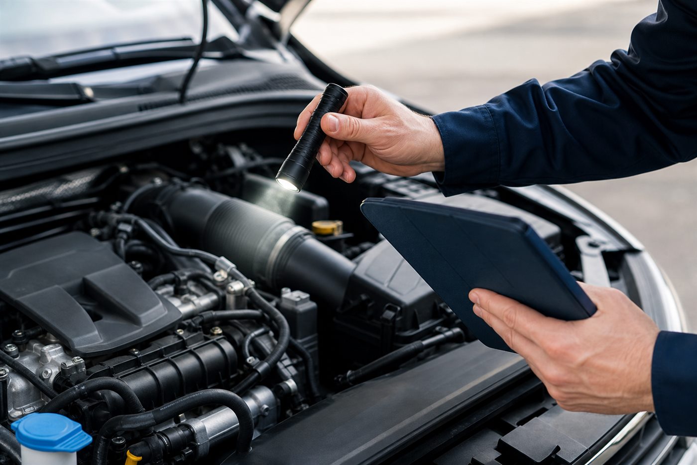 A vehicle being inspected before sale
